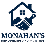 Navy blue logo: house outline with paintbrush, "Monahan's Remodeling and Painting" text.