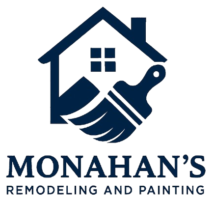 Navy blue logo: house outline with paintbrush, "Monahan's Remodeling and Painting" text.