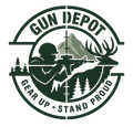 Logo: soldier aiming rifle, deer, mountains, trees, gun depot text within a circular target.