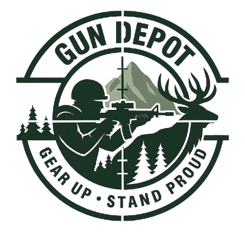 Logo: soldier aiming rifle, deer, mountains, trees, gun depot text within a circular target.