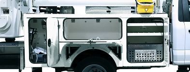 White service truck with open storage compartments.