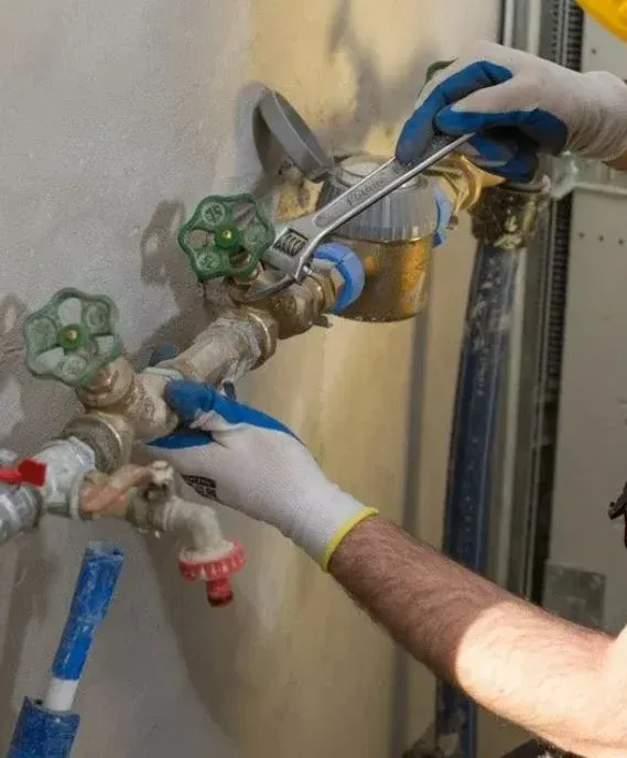Person using a wrench on plumbing pipes, wearing gloves, indoors — Far North Plumbing in Mourilyan, QLD