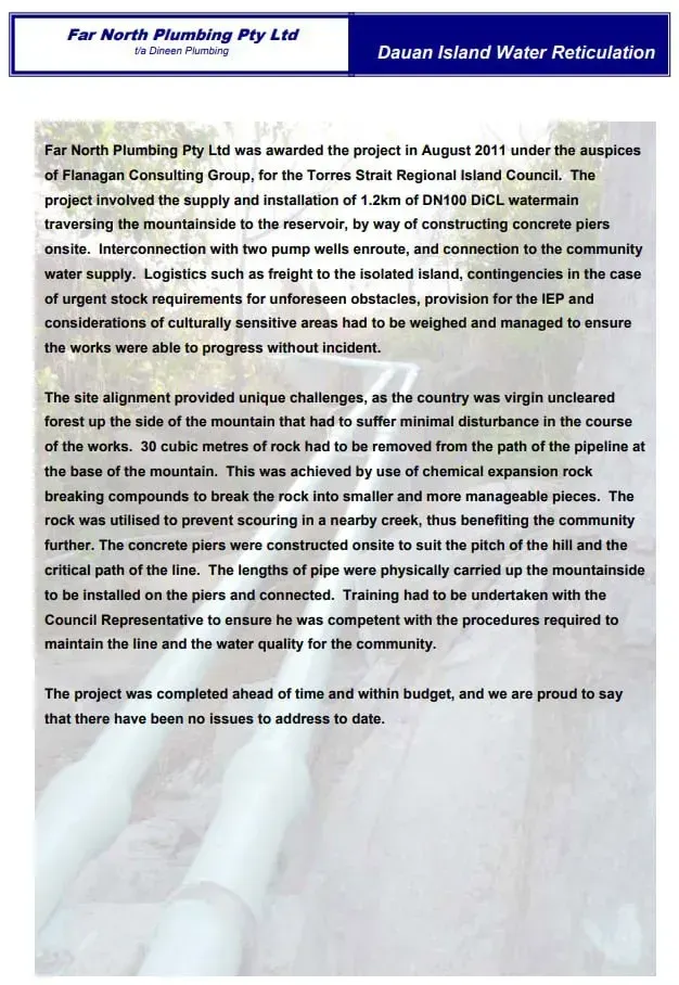 Text Document: Project Details by for North Plumbing — Far North Plumbing in Mourilyan, QLD