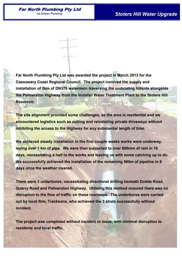 Text Document With Project Details From Far North Plumbing Pty Ltd — Far North Plumbing in Mourilyan, QLD
