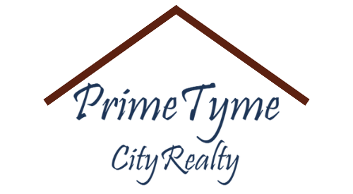 Logo for PrimeTyme City Realty; dark brown house outline over navy script text.