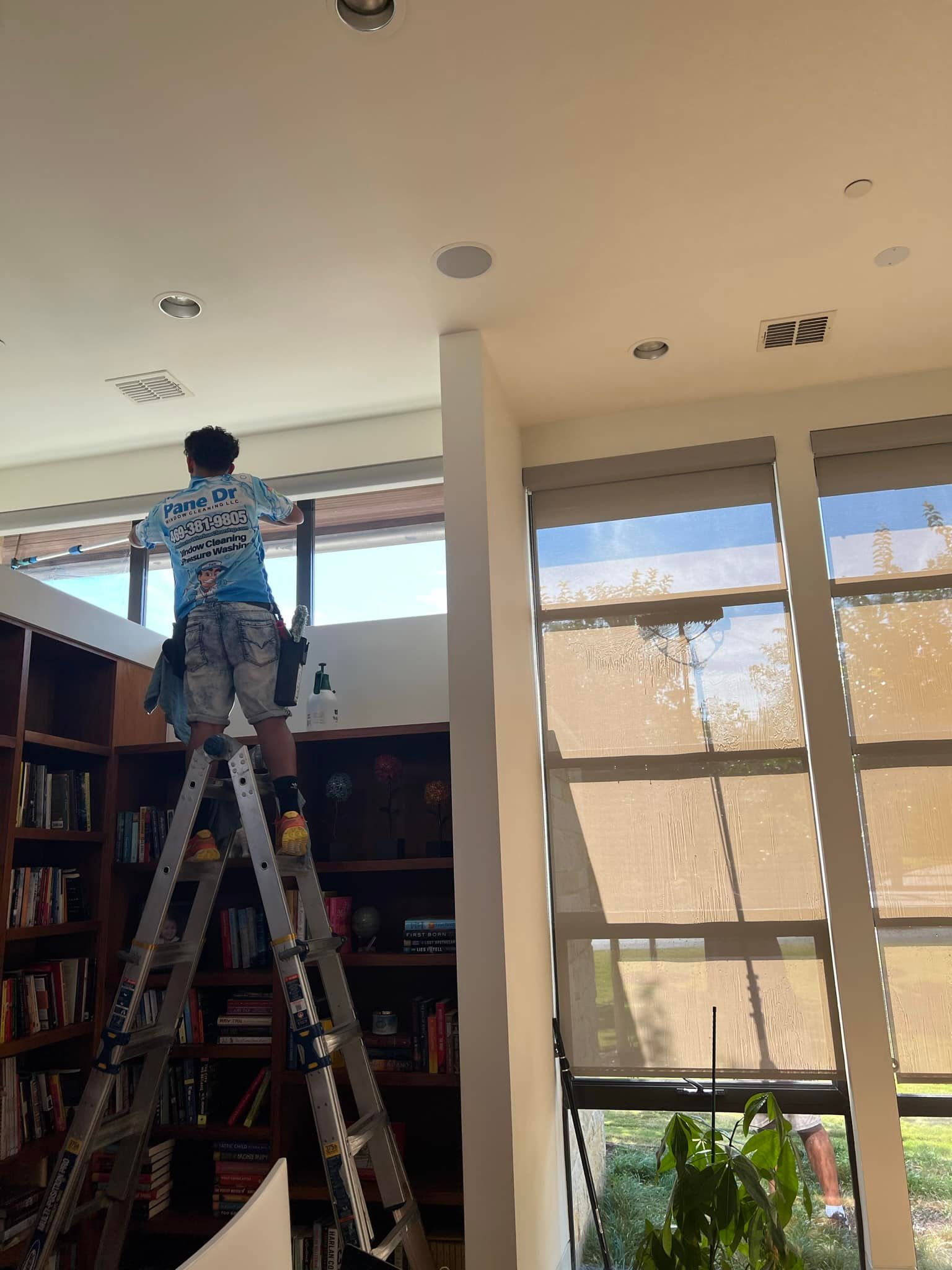 Person cleaning windows inside a building, standing on a ladder in front of a bookcase.