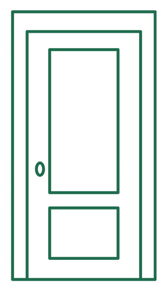 A green line drawing of a door with a handle on a white background.