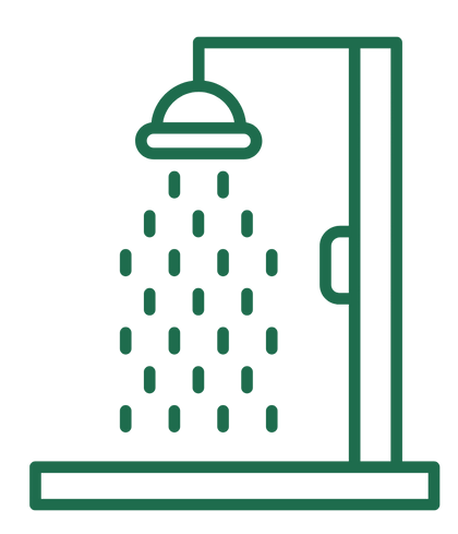 A green line drawing of a shelf on a white background.