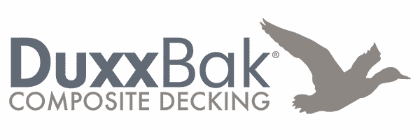 DuxxBak composite decking logo with flying duck silhouette.