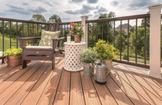 Wooden deck with chair, small table, and plants overlooking a green landscape.