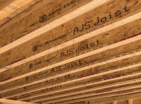 Wooden ceiling joists labeled 