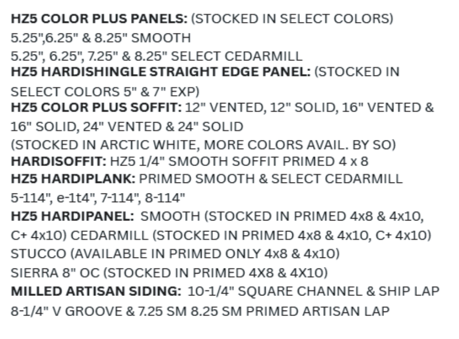 Text listing building material panel and siding types, sizes, and finishes available.