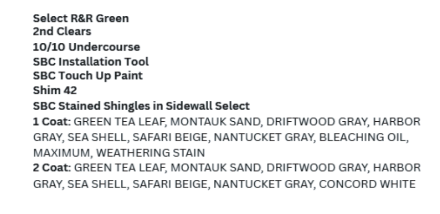 Text listing materials for a construction project, including paint colors like