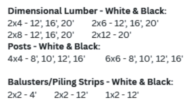 Lumber and trim list: dimensional lumber, posts, and balusters/piling strips in white and black.