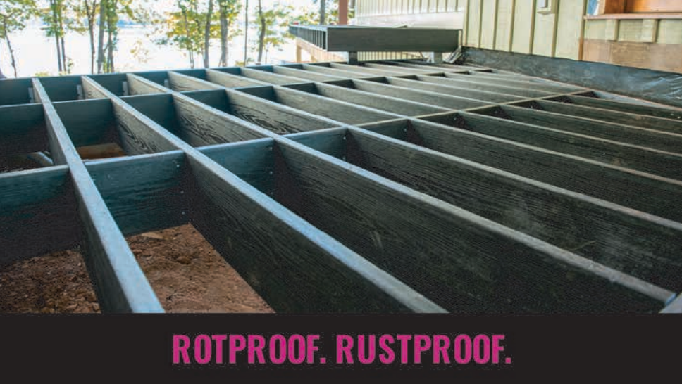 Black composite deck framing, rotproof and rustproof, with a lake view.