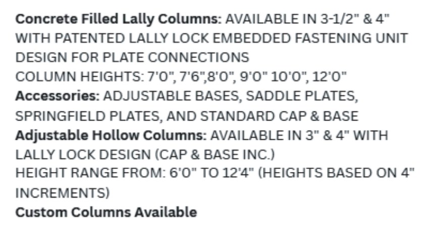 Text describing concrete and adjustable hollow column options, heights, and accessories.