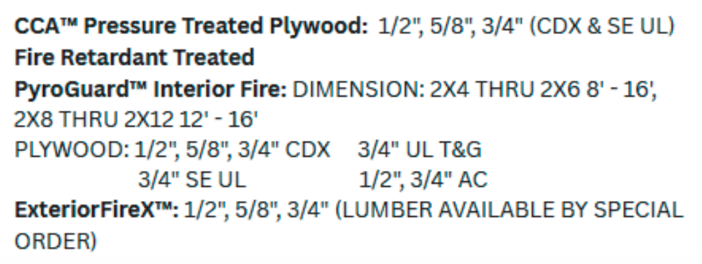 Text detailing pressure-treated plywood products, dimensions, and fire-retardant treatments.