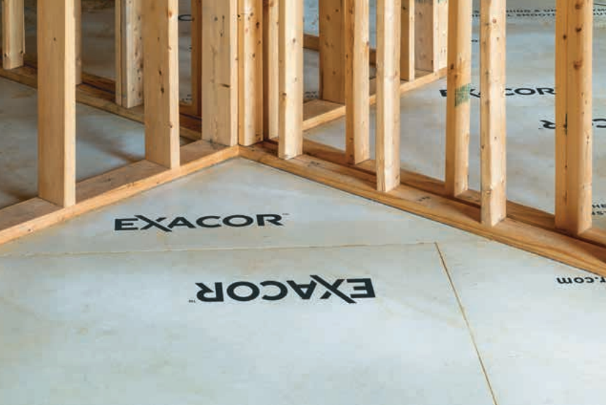 Wood framing of a room under construction with EXACOR subflooring installed.