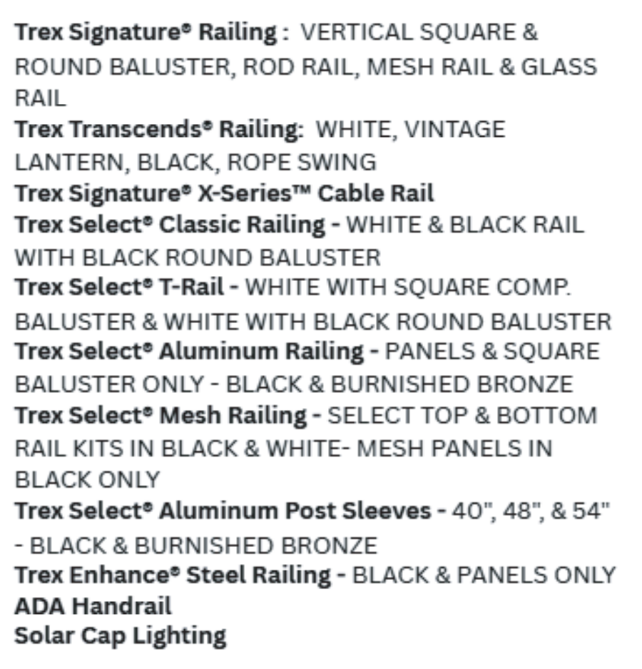 Text listing Trex railing options, including Signature, Transcends, Select, and Enhance series, with available colors and styles.