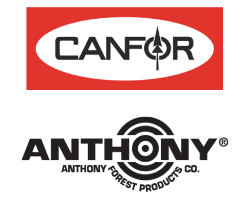 Logos of CANFOR (red oval) and Anthony Forest Products Co. (black circle) on a white background.