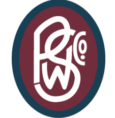 Maroon and blue oval logo with white