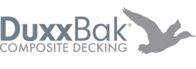 DuxxBak Composite Decking logo: gray text and flying duck silhouette.