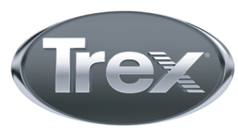 Trex logo: Silver text on a dark gray oval, with a metallic border.