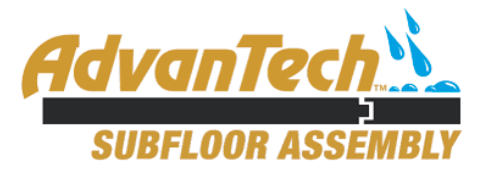 AdvanTech subfloor assembly logo with golden text, black board, and blue water droplets.