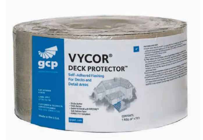 Roll of Vycor Deck Protector self-adhered flashing. White and blue packaging.