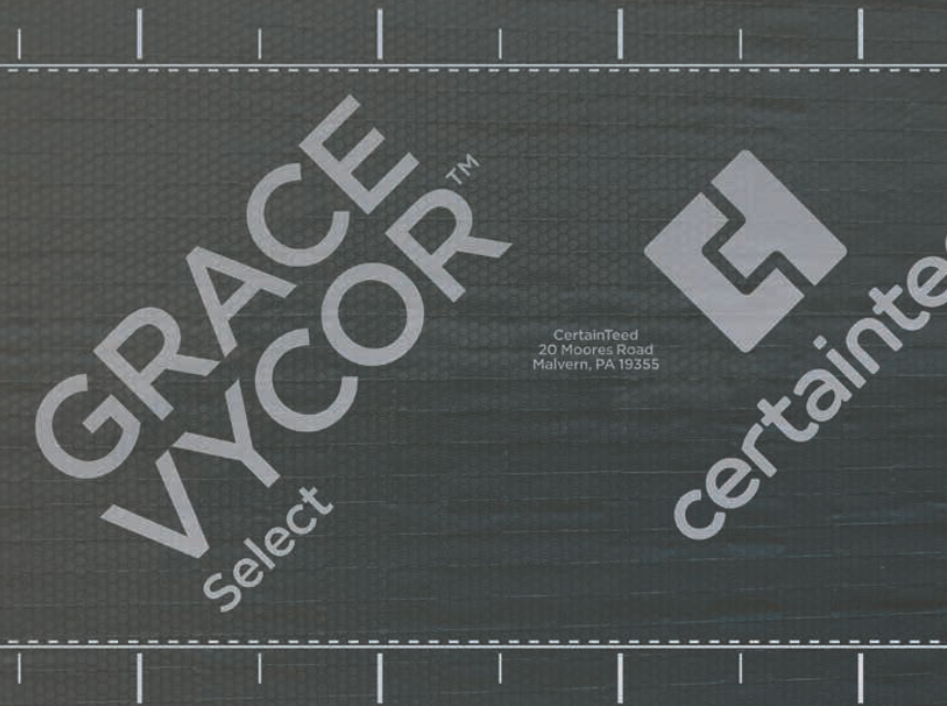 Black GRACE VYCOR Select roofing material with white text and grid, CertainTeed logo.