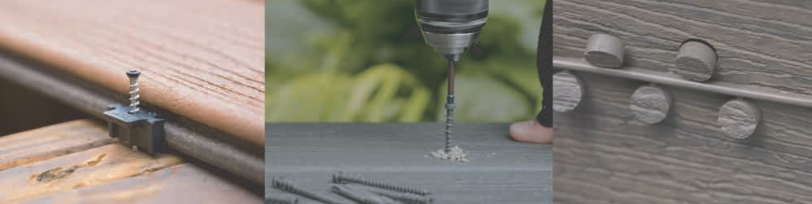 Close-up of three construction steps, including attaching planks and drilling with power tool.