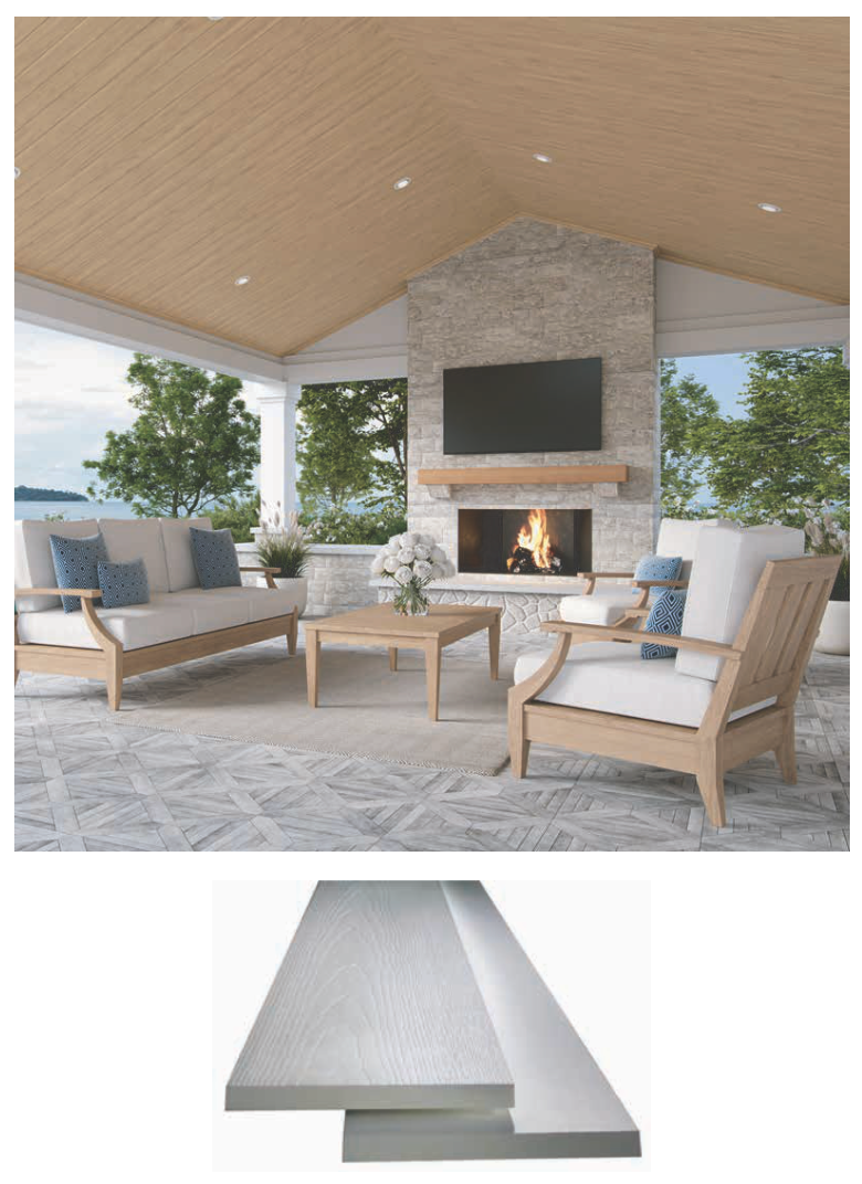 Outdoor living space with fireplace and light wood ceiling. Below, textured gray boards.