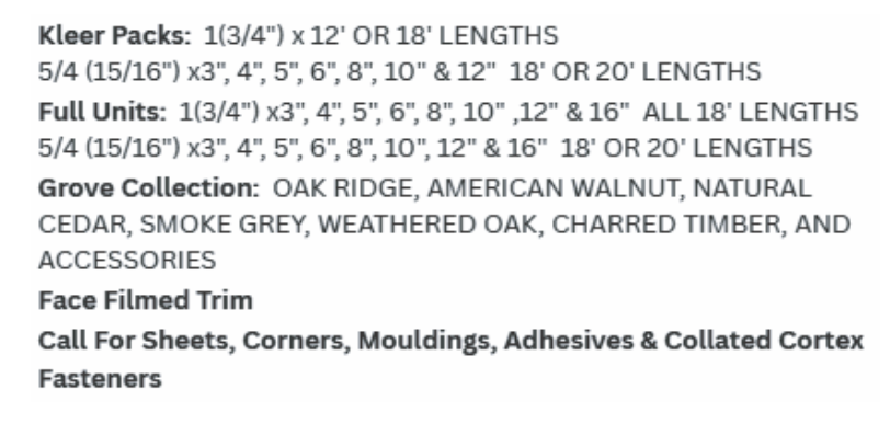 Text listing product options: Kleer Packs, Full Units, Grove Collection colors, face filmed trim, and call for items.