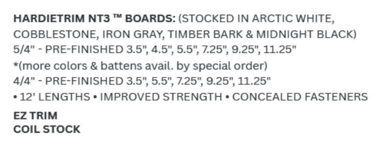 Text listing Hardietrim NT3 boards, stocked colors, and sizes.