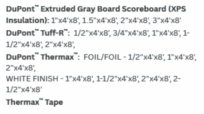 Text listing DuPont insulation board sizes, including Extruded Gray Board, Tuff-R, Thermax, and white finish options.