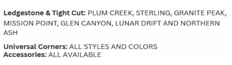 Text listing ledgestone cut options: Plum Creek, Sterling, Granite Peak, Mission Point, Glen Canyon, Lunar Drift, Northern Ash.