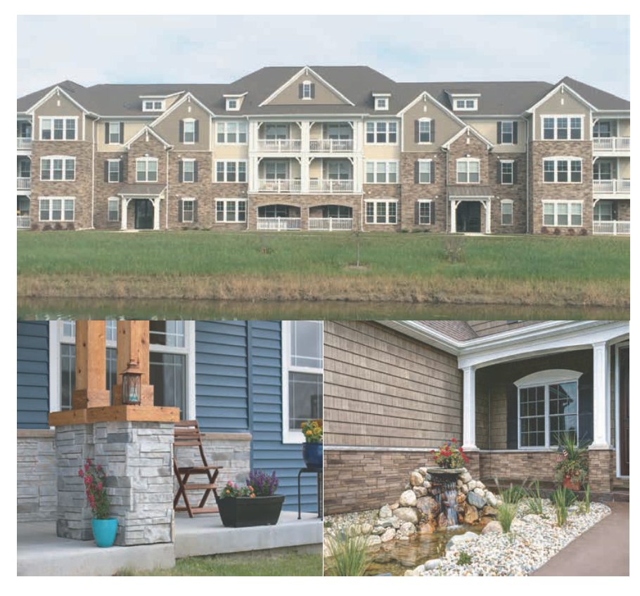 Multi-story apartment building with stone and siding, plus close-ups of residential siding styles.