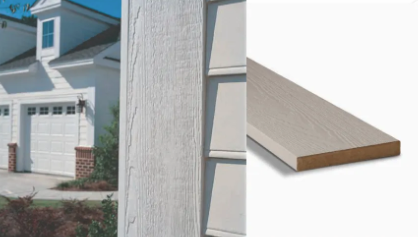 White house exterior with textured siding and a close-up of a sample piece of siding.