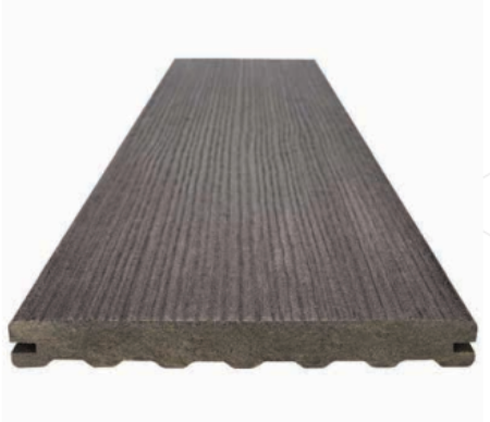Gray composite deck board with wood grain texture and grooved edges.
