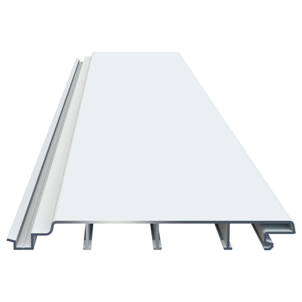 White, angled metal siding profile with grooved edge, likely for a building exterior.