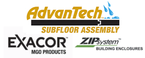Logos for AdvanTech, Exacor MGO Products, and ZIP System Building Enclosures.
