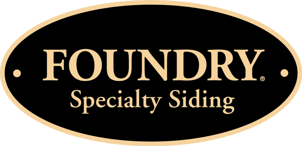 Logo for Foundry Specialty Siding. Black oval with gold outline, text in gold: