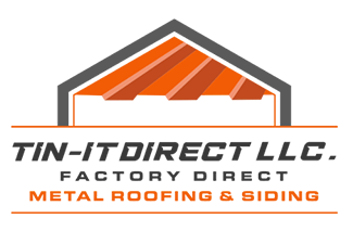 Logo for Tin-It Direct LLC, factory direct metal roofing and siding. Features a stylized orange and gray roof.