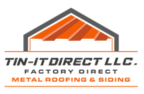 Logo for Tin-It Direct LLC, factory direct metal roofing and siding. Features a stylized orange and gray roof.