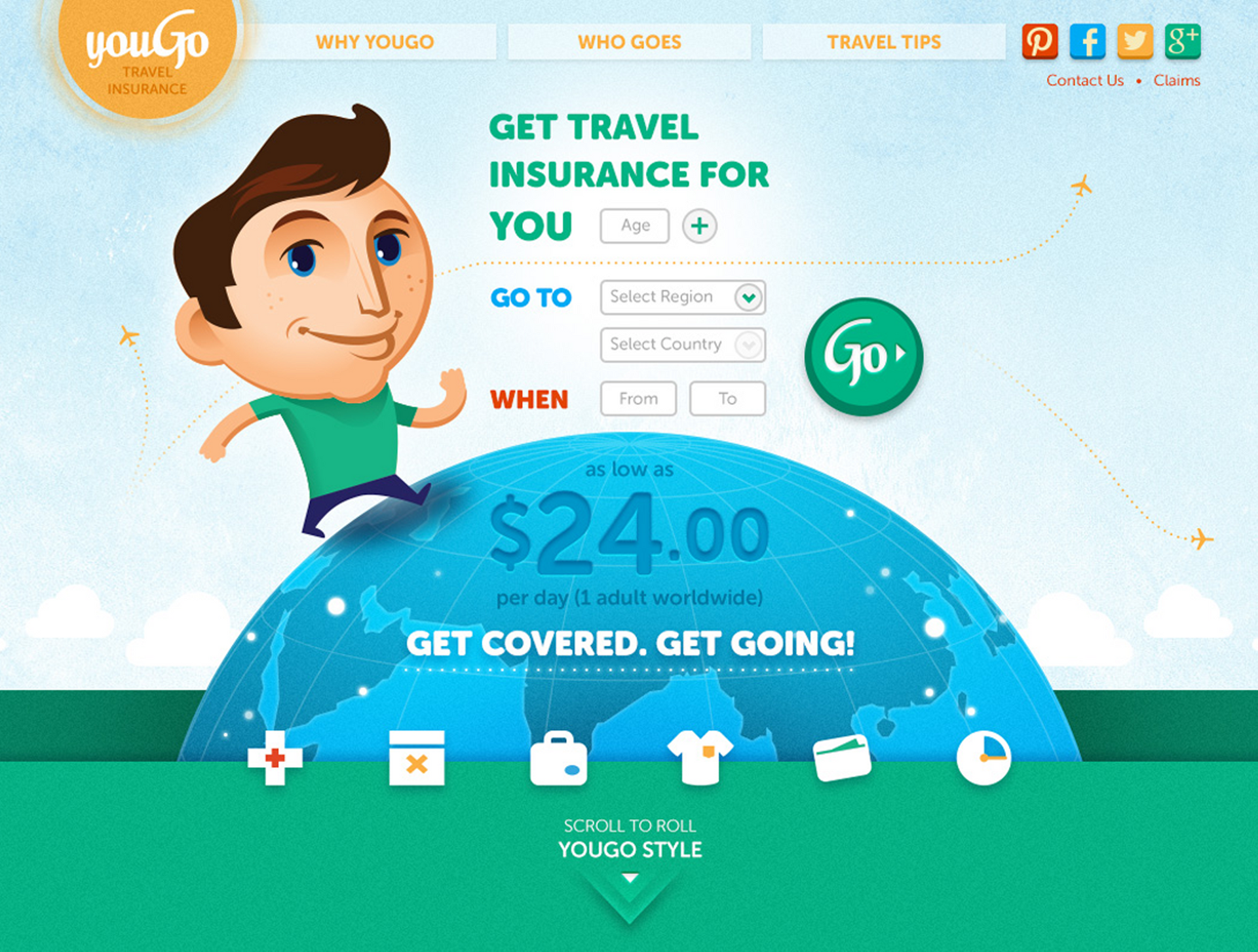 A cartoon man standing on top of a globe.