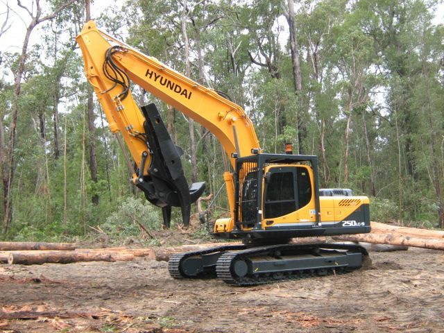 A hyundai excavator is in the middle of a forest