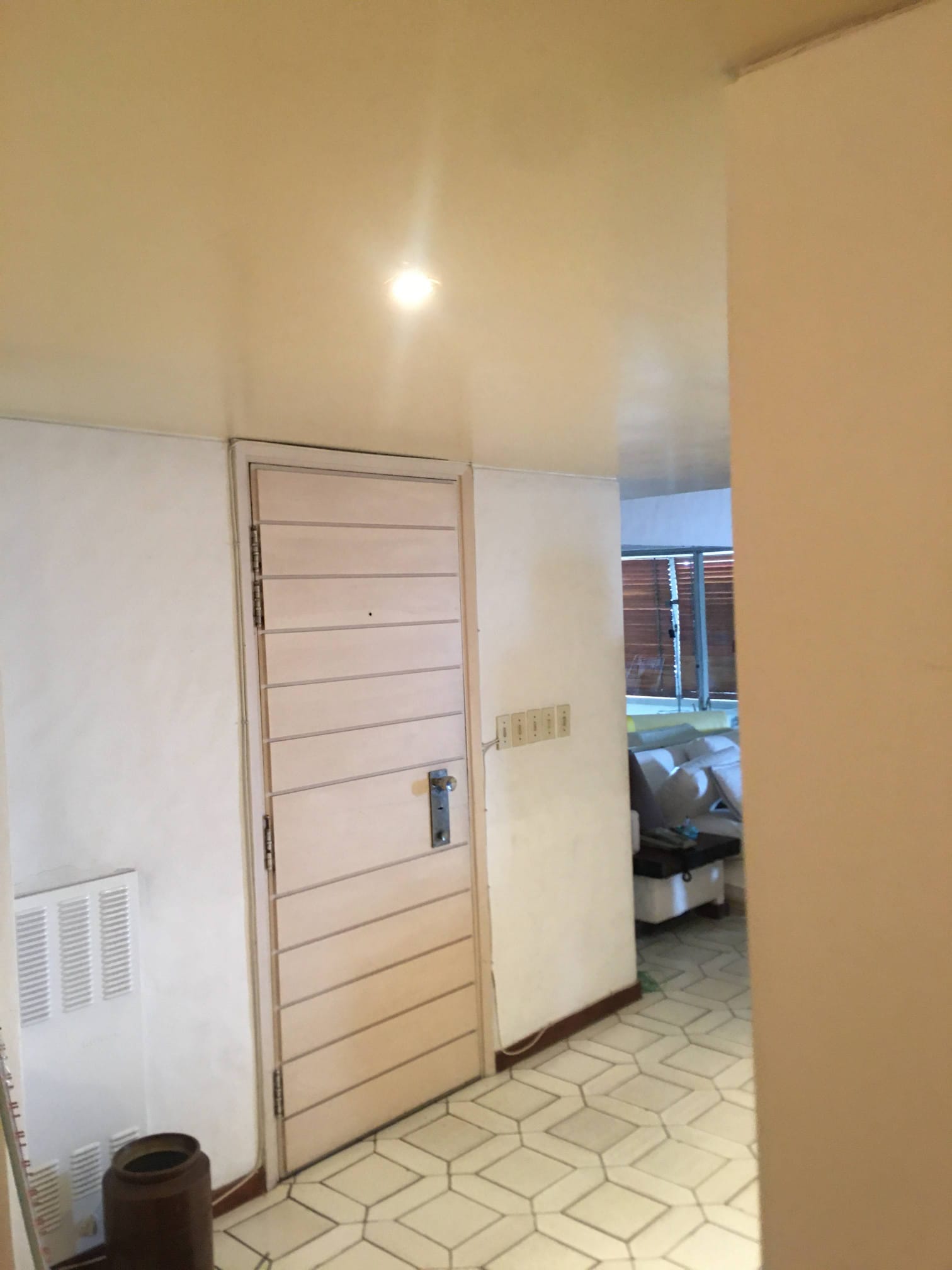 Un pasillo con una puerta y un jarrón en el suelo.