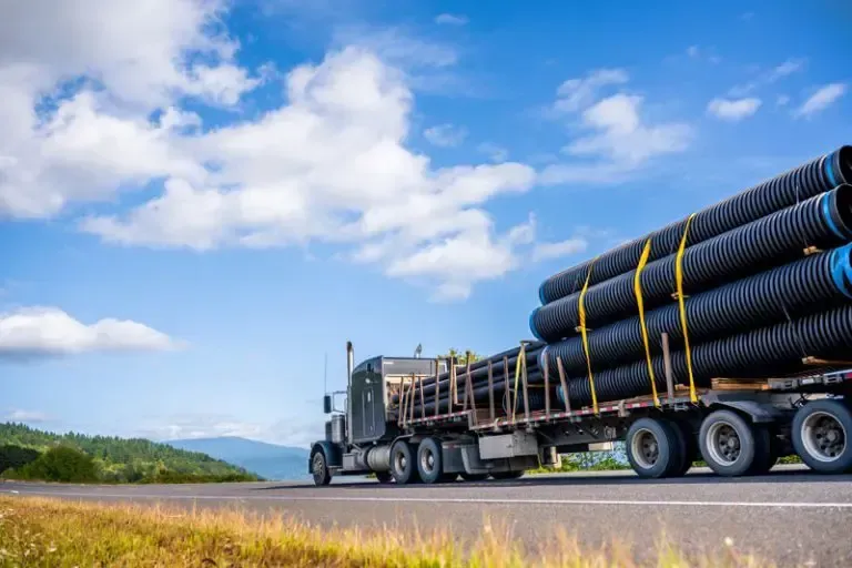 A semi truck is carrying a load of pipes down a highway.
