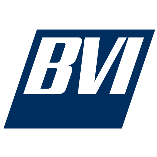 Blue, angled rectangle with white text "BVI".
