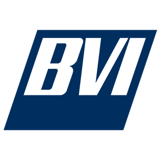 Blue, angled rectangle with white text "BVI".